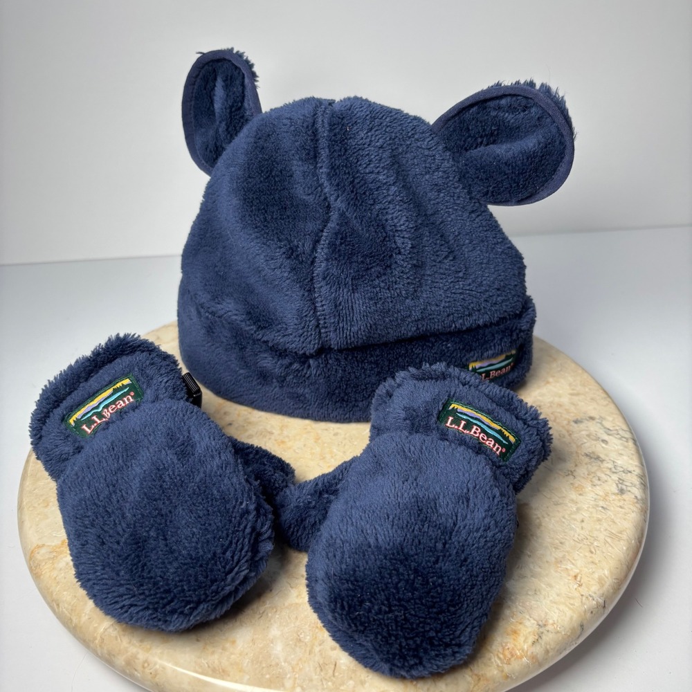 LL Bean Toddler Hat and Mittens Set Navy Blue Fleece Bear Ears 6-12M‎ Hi-Pile